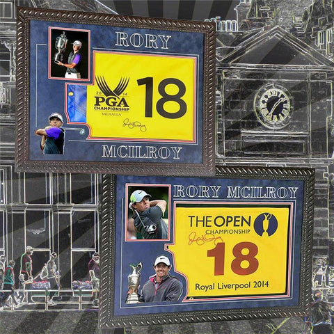 VALHALLA PGA 2014 & ROYAL LIVERPOOL 2014 18th Hole Flags signed by Rory  McElroy - The Quality Framing Company & Imaging Services